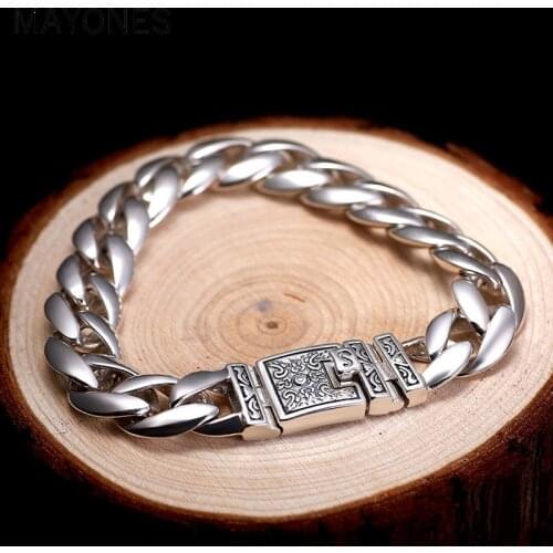 13mm Wide Pure 100% 925 Sterling Silver Mens Bracelet Smooth Flower Safe Lock High Polish Link Chain Male Biker Silver Bracelet