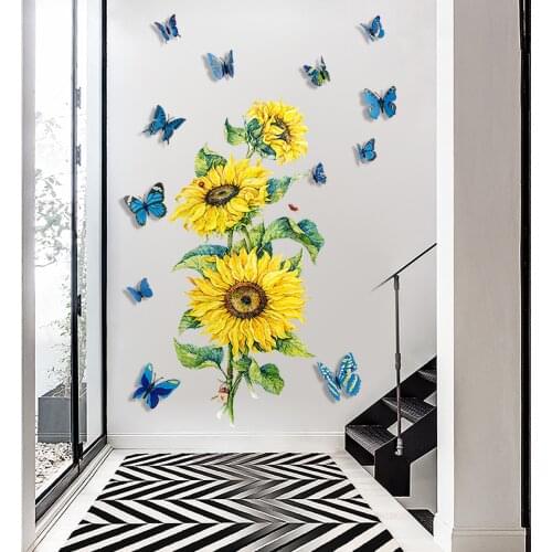 Sunflower Wall Stickers 3D Butterfly Sun Flower Living Room Bedroom Background Decor Wall Stickers Removable Non-toxic Waterproo