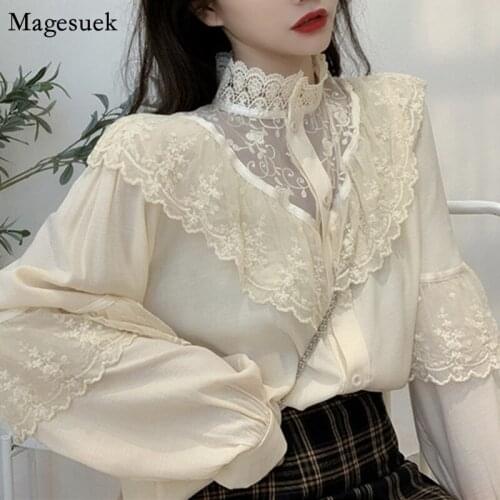 New Spring Sweet Loose Lace Shirt Blouse Ruffled Stand Collar Blouses Women Casual Vintage Office Lady Female Shirts Tops 11335