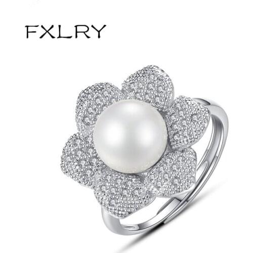 FXLRY New Arrival Romantic Fashion Women OL White ZC AAA Cubic Zircon, Pearl Flower Adjustable Rings Jewelry