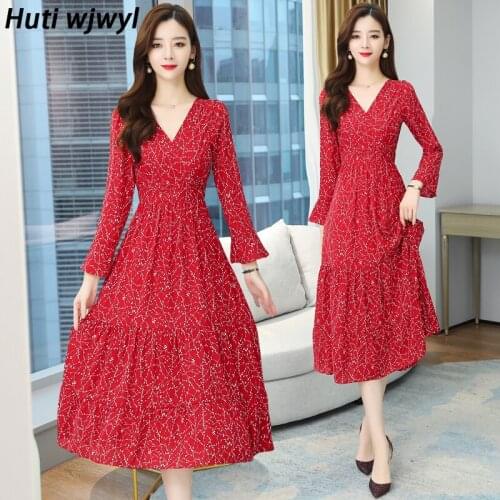2021 Autumn Winter Red Vintage Casual Midi Dress Plus Size Long Sleeve Chiffon Boho Dresses Women Korean Party Bodycon Vestidos