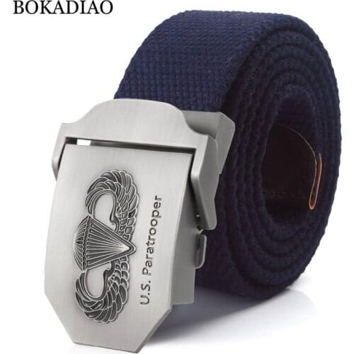 BOKADIAO mens Canvas belt luxury US Paratrooper Metal buckle Retired soldier Military Army tactical belts for Women strap male