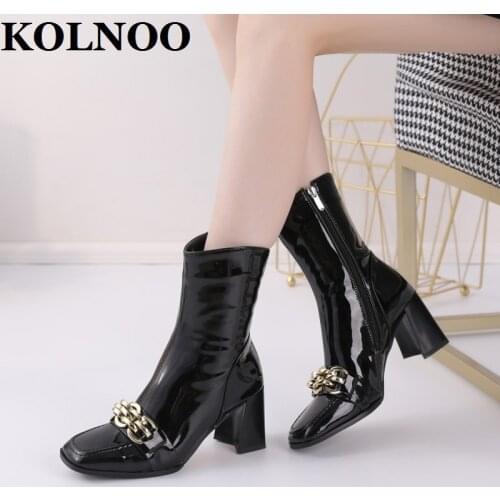 Kolnoo New 2022 Handmade Real Photos Ladies Chunky Heels Boots Chains Deco Patent Leather Motorcycle Boots Fashion Winter Shoes