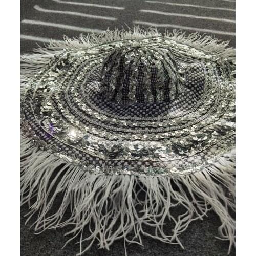 Sparkling Silver Sequins Feather Wide Brim Party Hats Women Tassel Foldable Birthday Prom Cap Singer Dancer Stage Accessories