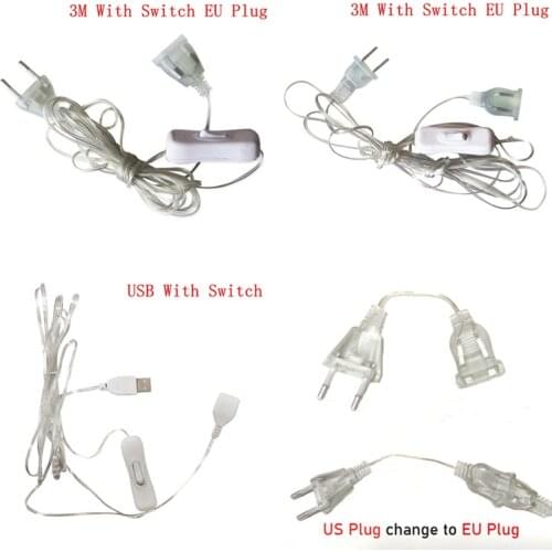 3/5m Plug Extender Wire USB / EU / US Plug for LED Holiday Light String Extension Cord Curtain Light Wedding Party Christmas DIY