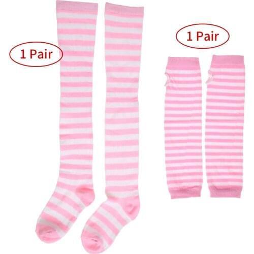 Women Anime Striped Thigh High Socks Arm Warmers Set Cotton Knitted Over Knee Stockings Fingerless Gloves Long Wristband Mittens