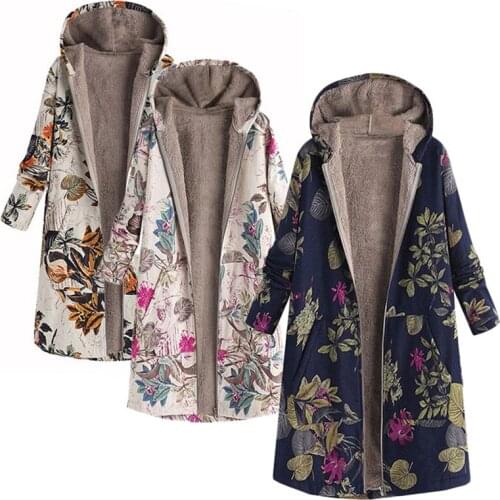 Parkas Womens 2020 Autumn Winter Cotton Coat Female Retro Printing Hooded Padded Coat Thickening Padded Coat Female Pocket E306