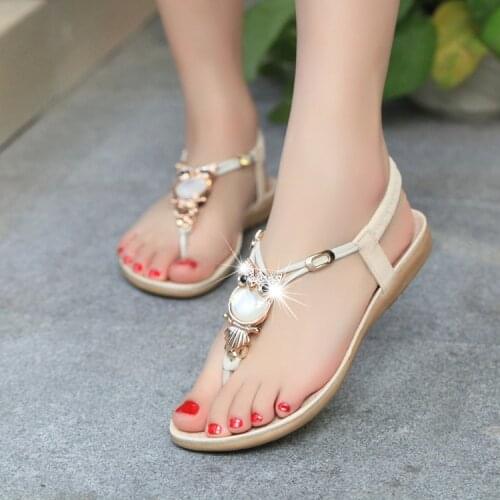 Womens Beach Shoes Summer New Bohemian Beaded Female Flat Flip-flop Sandals Soft Elastic Band Sandals Ladies Slip on Sandalias