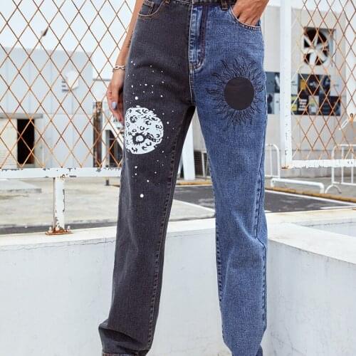 Women Variegated Color Jeans with Pockets High Waist Straight-leg Trousers, XS/ S/ M/ L