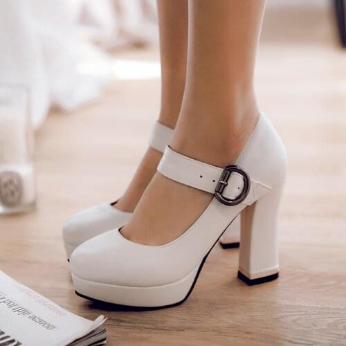 Plus Size 34-43 New Women Pumps Fashion Sexy Women Shoes Platform Square High Heel All Match Round Toe Pu Leather Wedding Pumps