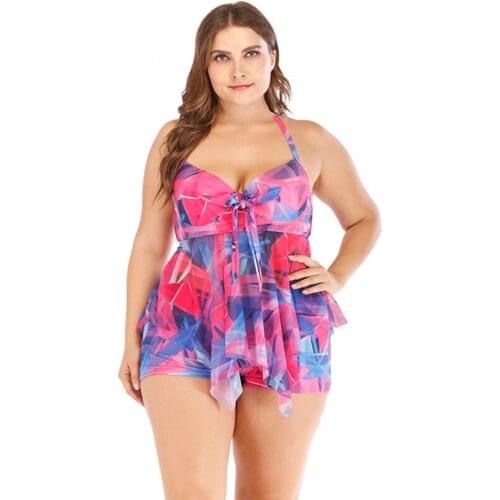 Plus Size Womens Two Pieces Swimsuit Bowknot Tankini Set Floral Swim Skirt Female Swimdress Padded Push Up Swimwear Bathing Suit