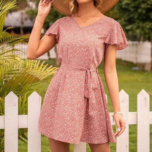 Ladies Summer New Floral V-Neck Tie Lotus Sleeve Dress Women Fashion Boho Style Print With Belt Mini Dress Femme Robe Vestidos
