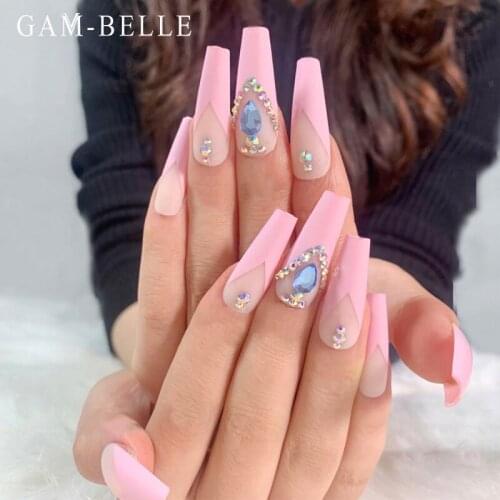 GAM-BELLE 24Pcs Pink V Shape Pattern Fake Nails Coffin With 3D Rhinestones Full Detachable Press On Nails Manicure Decoration