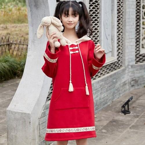 Fleece Red Long Hooded Sweatshirt Cartoon Embroidery Oversize Hoodies Women 2020 Winter Sweet Style Girl Kawaii Cute Top