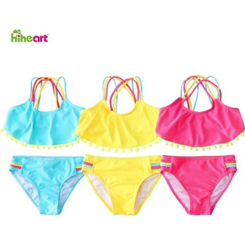 Hiheart Girls Summer Pompom Tassel Two Piece Bikini Set Crop Swimsuits Children Backless Halter Bathing Suit Beachwear