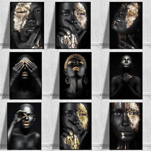 African Art Black and Gold Woman Oil Painting on Canvas Art Posters and Prints Scandinavian Wall Art Picture for Living Room