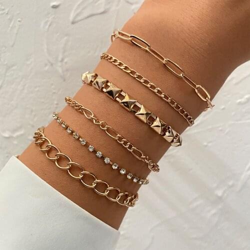 IPARAM 6Pcs/Set Punk Metal Chain Bracelet Set Female Geometric Thick Chain Layered Bracelet Trend Jewelry Party Gift