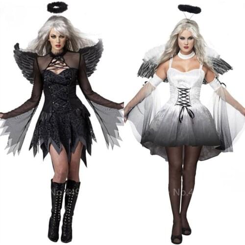 Halloween Costumes Vampire Witch Carnival Cosplay Scary Halloween Dress Black Angle Sexy Women Day of The Death Wings Headwear