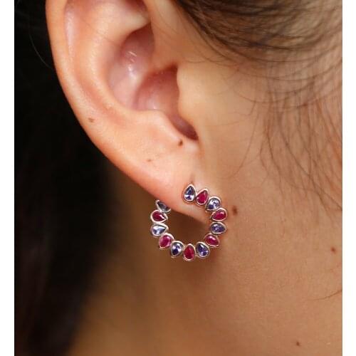 Multi-Colored Red Green Blue Natural Zirconia Stud Earrings Delicate Flowers Earrings s925 Silver Women Fashion Ear Stud Jewelry