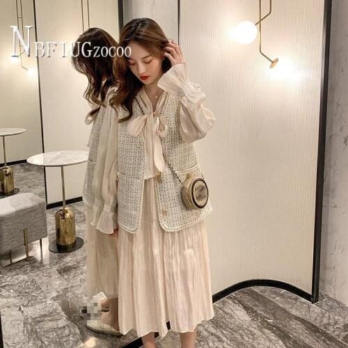 2020 Autumn New Temperament Women Sets Vest And Sweet Bowknot Dress Female Sets
