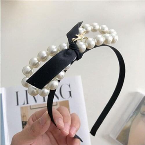 New Pearls Bow Hairbands for Girls Hair Accessories Women Headdress Black Headbands Pearls Ladies Outdoor Bowknot Head Band