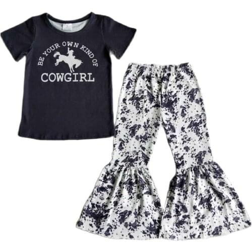 2021 Fall Fashion Infant Little Girl Cowgirl Short Sleeve Shirt Leopard Bell Bottom Baby Outfit Wholesale Boutique Kid Clothes