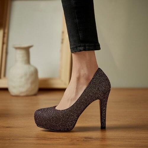 European and American nightclub sexy waterproof platform single shoes summer new super high heels 11cm slim heel Sequin gold wed