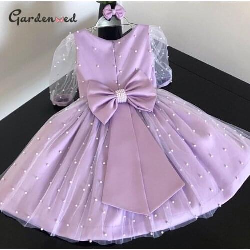 Purple Flower Girl Dres Princess Dress For Girl Tulle Sleeves First Communion Dresses Puffy Back Pearl Bow Baptism Dress