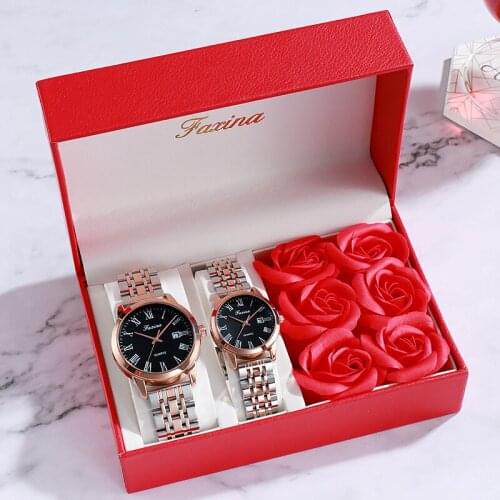 Luxury Stylish Couple Watches for Women Men Fashion Wrist Watch Rose Flower Wristwatch Set Lover Wedding Valentines Day Gift