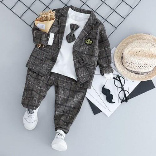 1-3 year autumn children clothing Long sleeve 3pcs bow tie shirt suit British gentleman baby 1st Birthday dress kids boy outfit