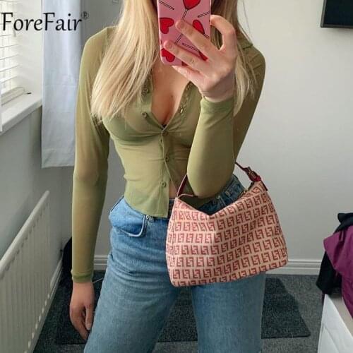 Forefair Sexy Brown Mesh Women Crop Top V Neck Casual Long Sleeve See Through Transparent Y2K Green T Shirt Party Club Female
