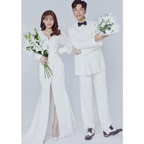 2021 Korea Style V Neck Long Sleeve Chiffon Beach Split Sexy Simple Plain Sheath Wedding Dress Bride Gown Vestidos De Novia