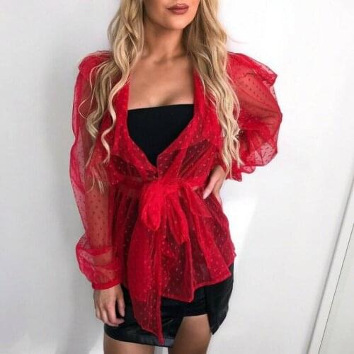 Brand New Women Polka Dot Puff Sleeve Sheer Mesh Spots Wrap Tops Cover-Ups Blouse Summer Beach Swim Cover up
