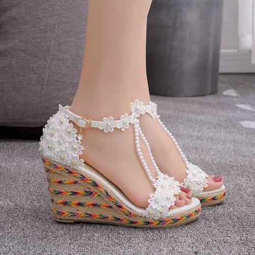 High Heels Wedding Shoes Woman Lace Floral Leisure Wedges Summer Sandals Party Platform Pumps