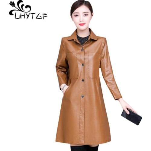 UHYTGF 5XL plus size leather jacket women Quality sheepskin autumn leather jacket Long sleeve slim elegant coats deri ceket 411
