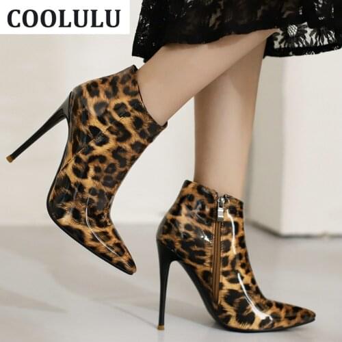 COOLULU Women Leopard Ankle Boots Pointy Toe Stiletto High Heel Booties Animal Print Ankle Boots Thin High Heel Winter Shoes