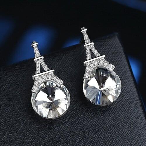 925 Sterling Silver White Pink Crystal Eiffel Tower Stud Earrings For Women Wedding Gift Female pendientes mujer moda A095