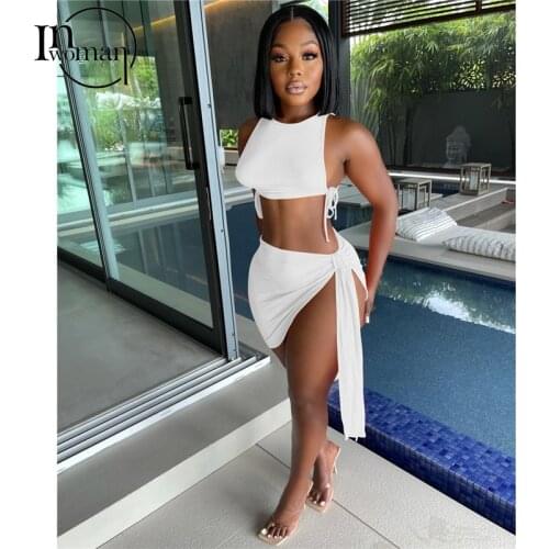 INWOMAN Sexy Summer 2 Two Piece Set Women Backless Outfits Lace Up Top And Bandage Mini Skirt Set Bodycon Clubwear Matching Set