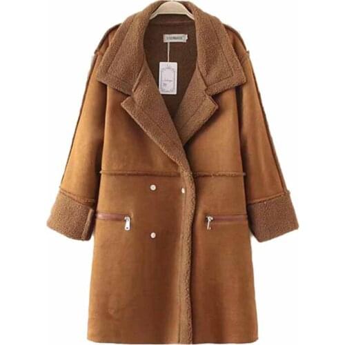 2019 Plus size 4XL Chamois Suede lambswool coats Women Double-breasted Flocking Keep warm outerwear Autumn Winter female G447