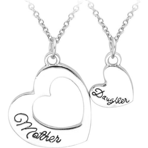 2PCS Vintage Heart Mother Daughter Pendant Necklace Family Love Women Girl Mothers Day Party Collar Gift Charm Jewelry Collier