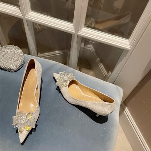 2021 Diamond Heels Work Shoes Fashion Party Sexy Women Shoes white Satin Cloth Rhinestones High Heels Shoes Woman Pumps Basic