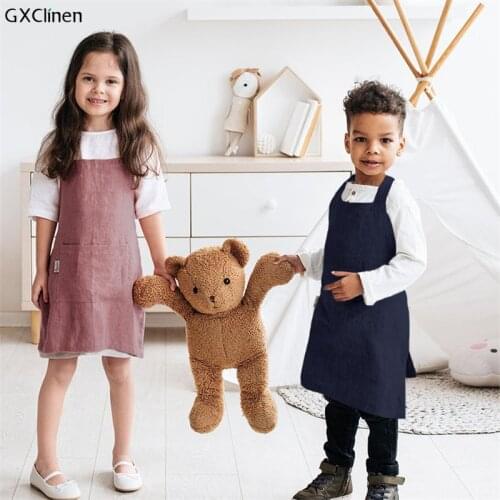 2021 Hot Adult Children Kids Solid Plain Apron 100% Pure Natural LINEN Kitchen Cooking Baking Painting Cooking Art Bib Apron