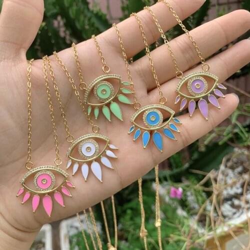 5Pcs Boho style cz pave eye pendant necklace, enamel colorful eye shape necklace gold plated O chain jewelry Best Gift