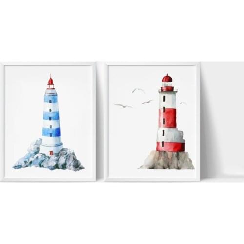Watercolor Lighthouse Print And Poster , Cartoon Hand Drawn Lighthouse Wall Art Canvas Painting Pictures Kids Room Wall Decor
