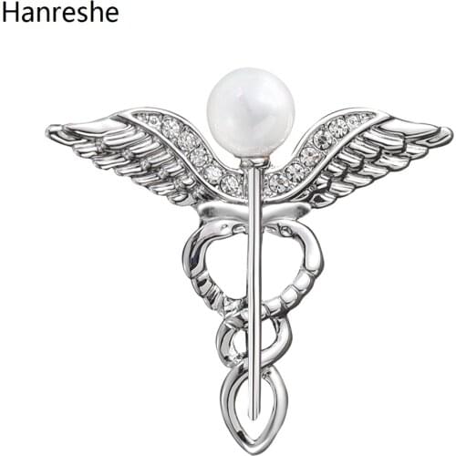 Hanreshe Medical Rod of Asclepius Brooch Pins Inlaid Crystal Pearl Silver Plated Metal Lapel Badge Jewelry for Doctors and Nurse