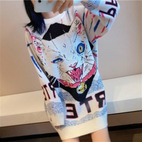 Elegant Sweater Women Luxury Brand Design New Cat Cartoon Anime Letter Jacquard Mid-length Loose Sweater Jumper Sueter Mujer