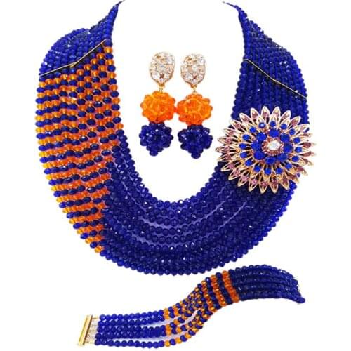 Fantastic Royal Blue Orange African Women Party Crysral Necklace Earrings Bracelet Sets 10C-CJZ-46