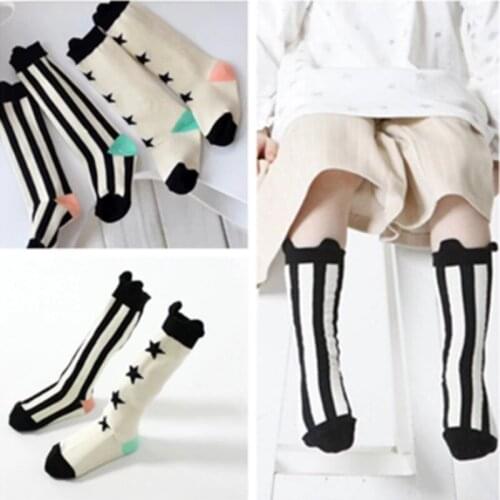 Quality black and white five-star vertical stripes combed cotton baby childrens and girls' middle tube socks
