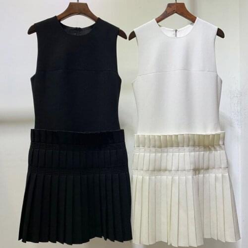 Small structuralism New temperament round collar pressure plait stitching short sleeveless dresses mini