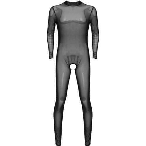 Mens Open Crotch Bodysuit Underwear See-through Mesh Leotard Bodysuit High Neck Long Sleeve One-piece Zipper Skinny Jumpsuits